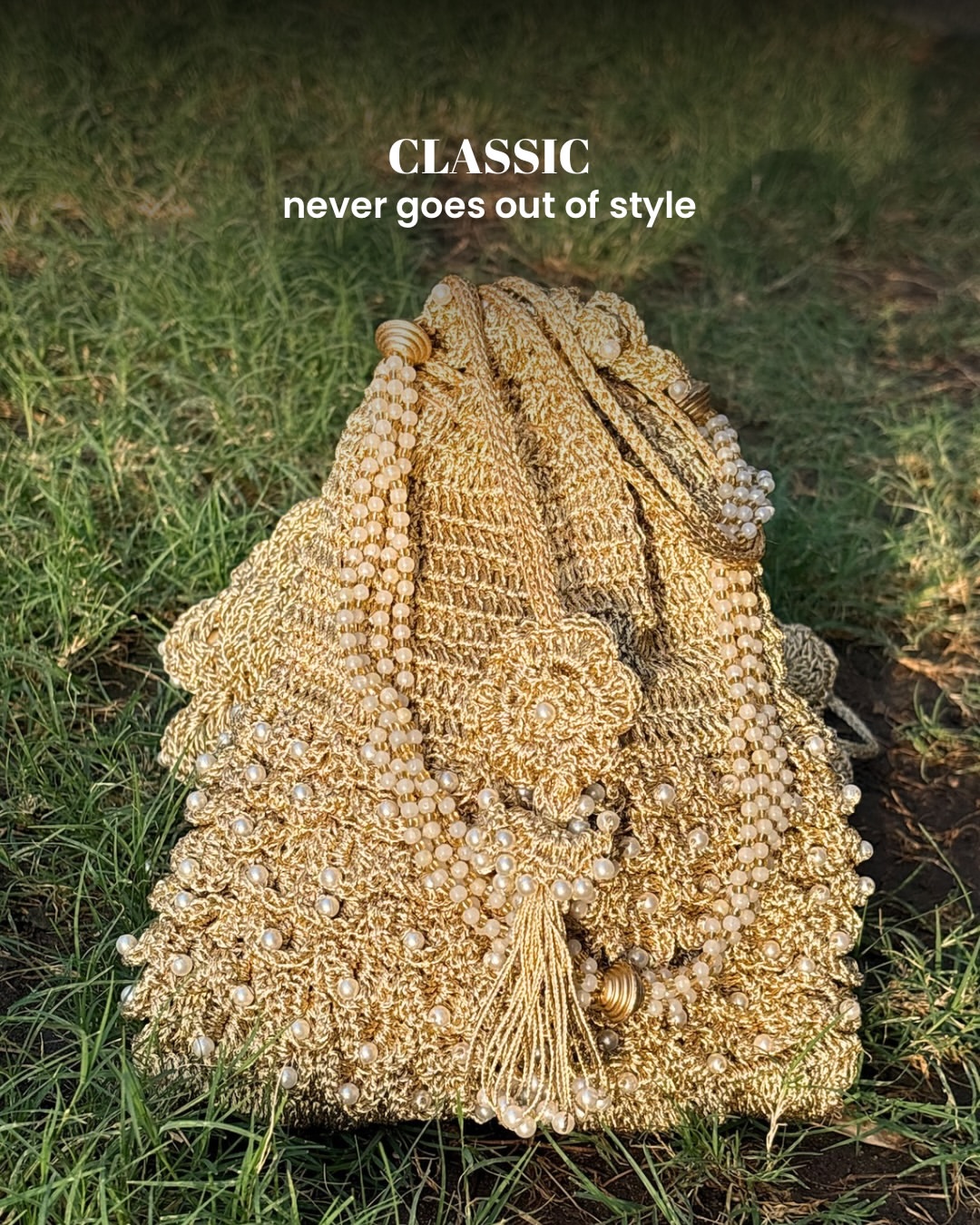 Noor Pearl Crochet Potli, showing its hand-crocheted floral detail